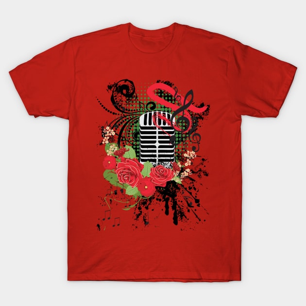 Vintage Microphone Grunge and red roses T-Shirt by AnnArtshock